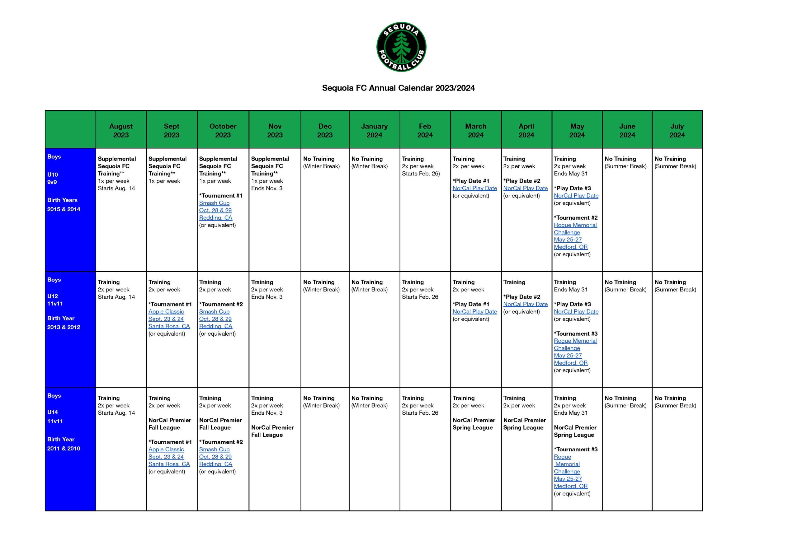 Sequoia FC Annual Calendar 2023-2024 Boys Page 1