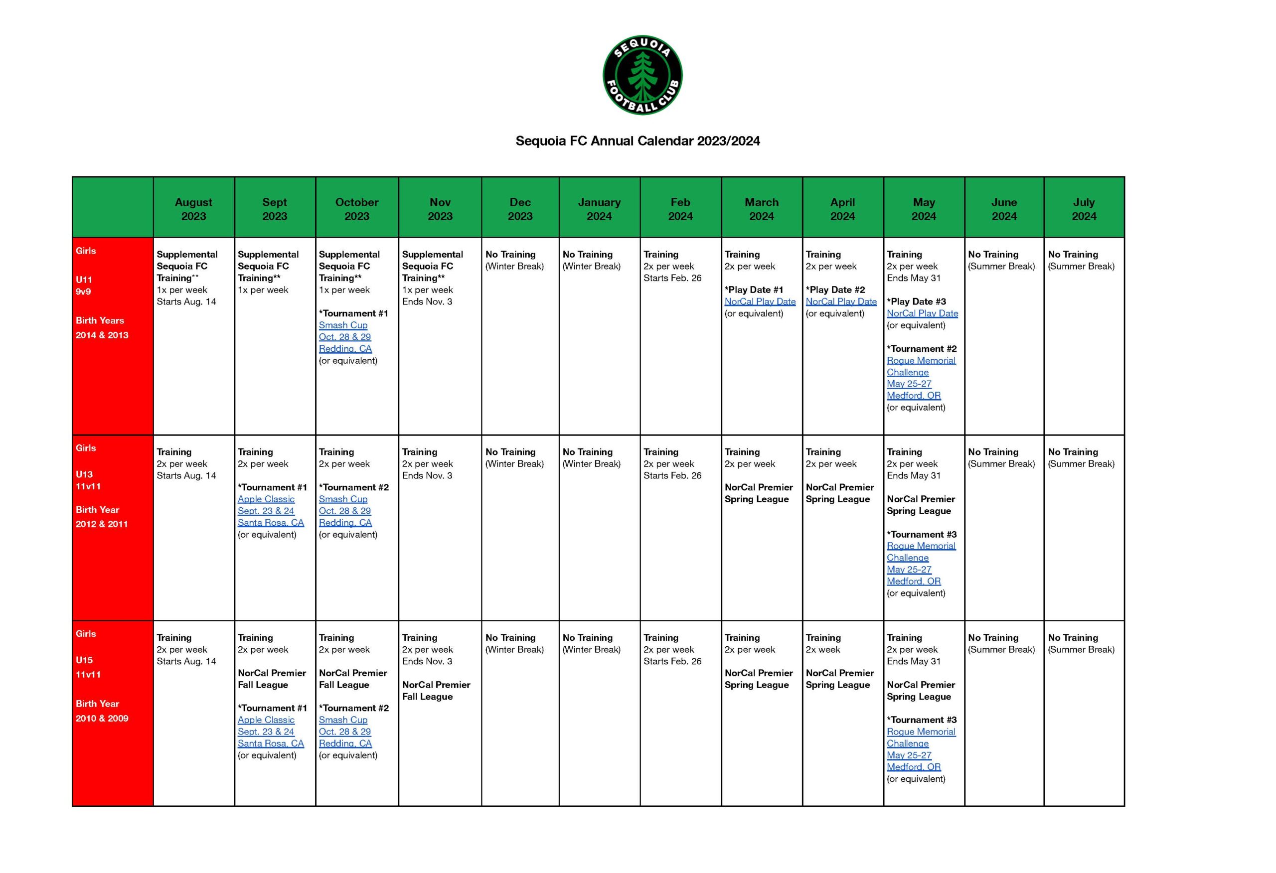 Sequoia FC Annual Calendar 2023-2024 Girls Page 1